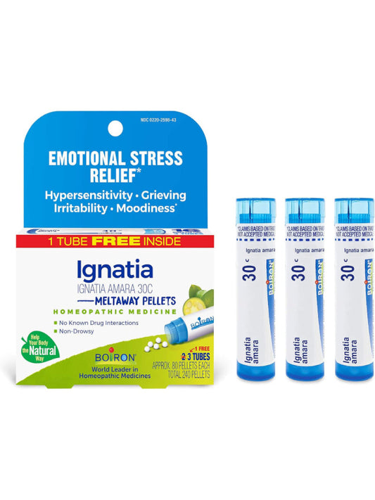 Boiron Ignatia Amara 30C Homeopathic Medicine for Relief from Emotional Stress, Hypersensitivity, Irritability, and Moodiness - 3 Count (240 Pellets) - Nirvana Guru