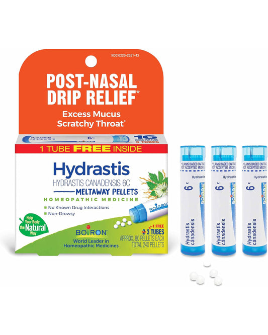 Boiron Hydrastis Canadensis 6C Homeopathic Medicine for Post-Nasal Drip Relief, Excess Mucus, Scratchy Throat - 3 Count (240 Pellets) - Nirvana Guru