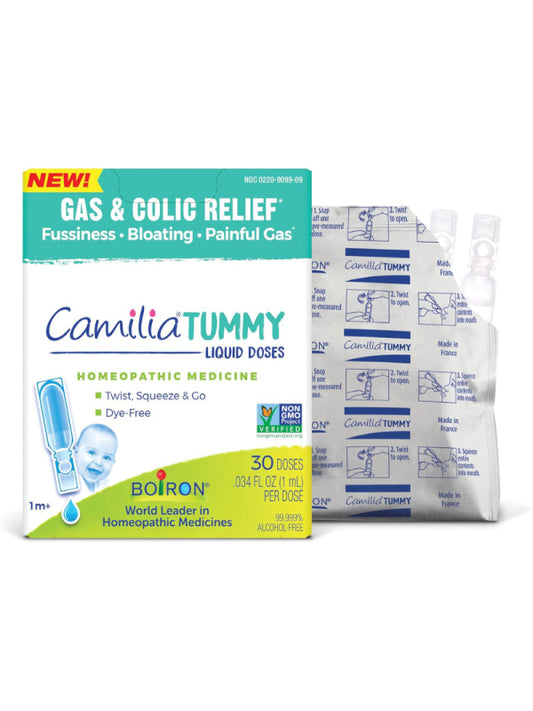 Boiron Camilia Tummy for Colic, Painful Gas, Bloating, & Fussiness- Sterile and Non-Drowsy Liquid Doses - 30 Count - Nirvana Guru