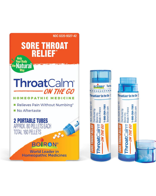 Boiron ThroatCalm On The Go Travel Essential for Pain Relief from Red, Dry, Scratchy, Sore Throats and Hoarseness - 2 Count (160 Pellets) - Nirvana Guru