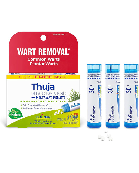 Boiron Thuja Occidentalis 30C Wart Removal Homeopathic Medicine for Painless Removal of Warts from Plantar (Feet), Hands, and Other Bodily Warts - 3 Count (240 Pellets) - Nirvana Guru