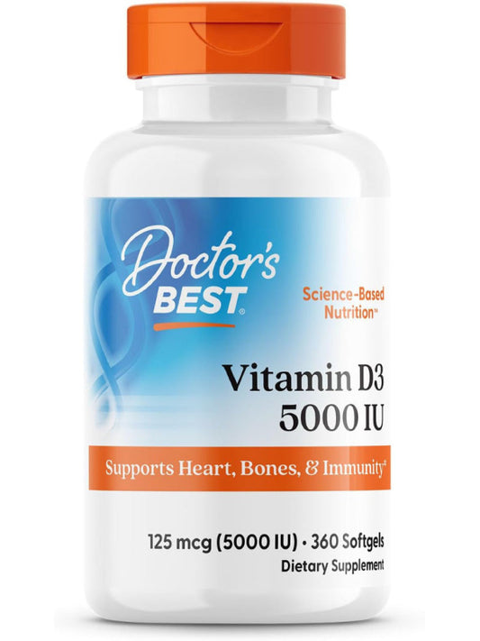 Doctor's Best Vitamin D3 5,000 IU for Healthy Bones, Teeth, Heart and Immune Support, Non-GMO, Gluten-Free, Soy Free, 360 Count (Pack of 1) - Nirvana Guru