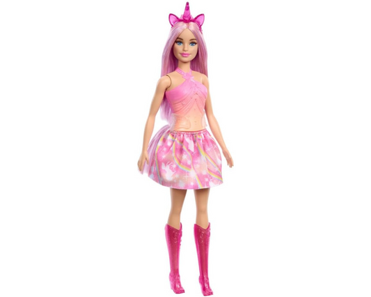 Barbie Unicorn Doll with Pink Fantasy Hair, Colorful Pink and Orange Outfit, and Unicorn-Themed Fantasy Accessories