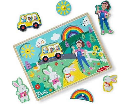 Melissa & Doug® Ms. Rachel™ Wooden Song Peg Puzzle, 6-Piece Light-Activated Sound Puzzle with Full Songs, Toddler Toys for Boys and Girls Ages 2-5+ Years - FSC Certified nirvanaguru