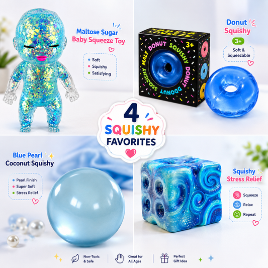 4 PCS Squishy Toy Set Baby Donut Coconut Cube Soft Squeeze Sensory Fidget Toys Nirvana Guru