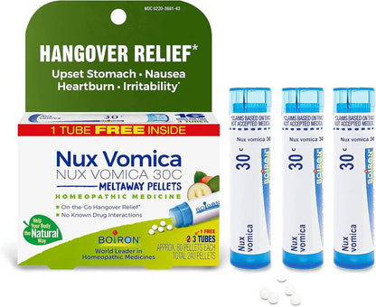 Boiron Nux Vomica 30C Homeopathic Medicine for Hangover Relief, Upset Stomach, Nausea, and Overindulgence of Food or Drink - 3 Count (240 Pellets) - Nirvana Guru