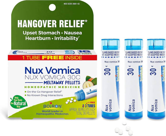 Boiron Nux Vomica 30C Homeopathic Medicine for Hangover Relief, Upset Stomach, Nausea, and Overindulgence of Food or Drink - 3 Count (240 Pellets) - Nirvana Guru