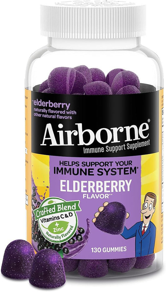 Airborne Elderberry + Zinc & Vitamin C Gummies for Adults, Immune Support Vitamin D & Zinc Gummies with Powerful Antioxidant Vitamins C D & E - 130 Gummies, Elderberry Flavor - Nirvana Guru