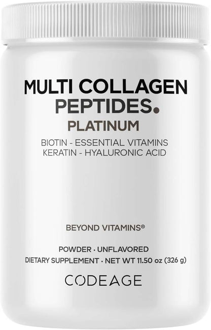 Codeage Multi Collagen for Women & Men Biotin 10000mcg Keratin, Protein Powder Vitamin C B6 D3, Hyaluronic Acid, Niacin - Hydrolyzed Collagen Coffee Creamer 5 Types - Unflavored - Non-GMO - 11.5oz - Nirvana Guru