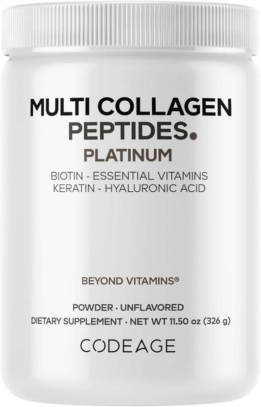 Codeage Multi Collagen for Women & Men Biotin 10000mcg Keratin, Protein Powder Vitamin C B6 D3, Hyaluronic Acid, Niacin - Hydrolyzed Collagen Coffee Creamer 5 Types - Unflavored - Non-GMO - 11.5oz - Nirvana Guru
