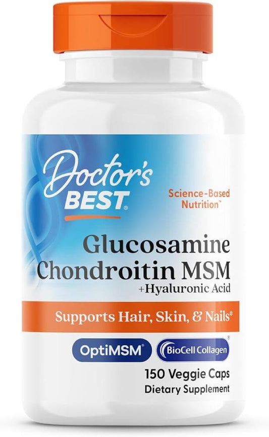 Doctor's Best Glucosamine Chondroitin MSM + Hyaluronic Acid with OptiMSM Featuring Biocell Collagen, Joint Support,150 Caps - Nirvana Guru