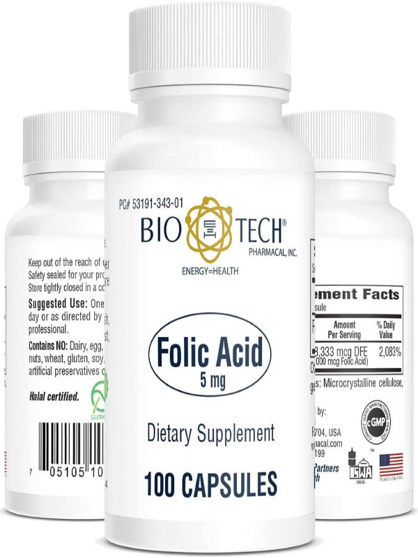Bio-Tech Pharmacal Folic Acid (5mg, 100 Count) - Nirvana Guru