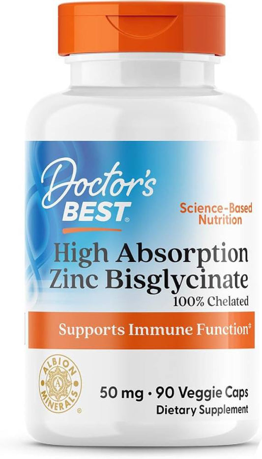 Doctor's Best High Absorption Zinc Bisglycinate 50mg High Potency Supporting Enhancing Immune System Antioxidant VC, 90 Count - Nirvana Guru