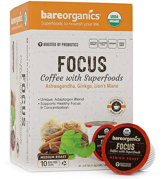 BareOrganics Focus Coffee with Superfoods, Organic Probiotic Coffee, 10 Single Serve Cups - Nirvana Guru