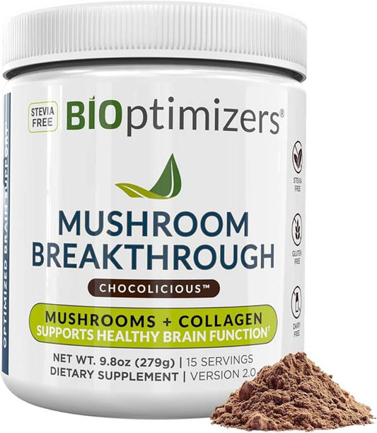 BIOptimizers Mushroom Coffee Alternative – Chocolate Drink,Adaptogenic Mushrooms & MCT Powder – 15 Servings