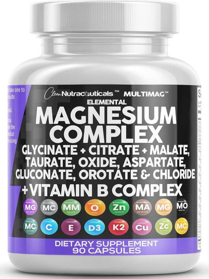 Clean Nutraceuticals Magnesium Complex with Magnesium Glycinate Citrate Malate Oxide Taurate Aspartate Orotate & Mag Chloride, Zinc Copper Manganese & Vitamin C B1 B2 B6 B12 Complex - 1Pack - Nirvana Guru