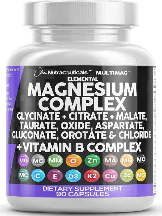 Clean Nutraceuticals Magnesium Complex with Magnesium Glycinate Citrate Malate Oxide Taurate Aspartate Orotate & Mag Chloride, Zinc Copper Manganese & Vitamin C B1 B2 B6 B12 Complex - 1Pack - Nirvana Guru