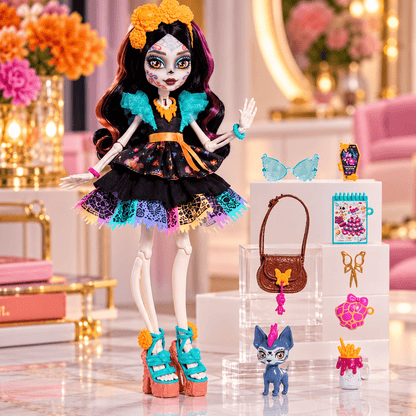 Monster High Skelita Calaveras Fashion Doll in Ruffled Dress with Pet Candelita and 7 Accessories