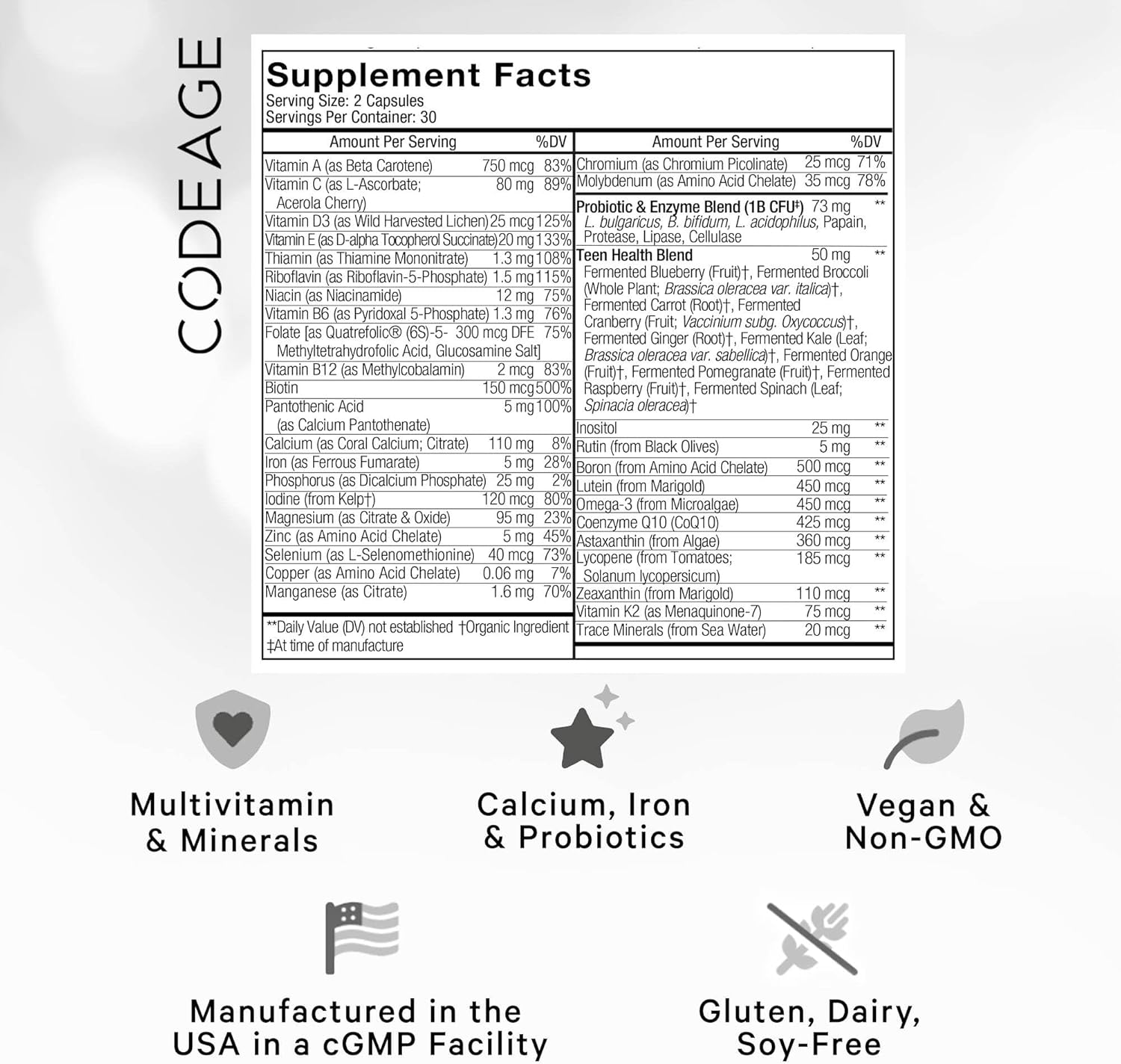 Codeage Teen Multivitamin Supplemen,Organic Whole Food Formula with Omega-3 and Vitamins A to K - 60 Capsules - Nirvana Guru