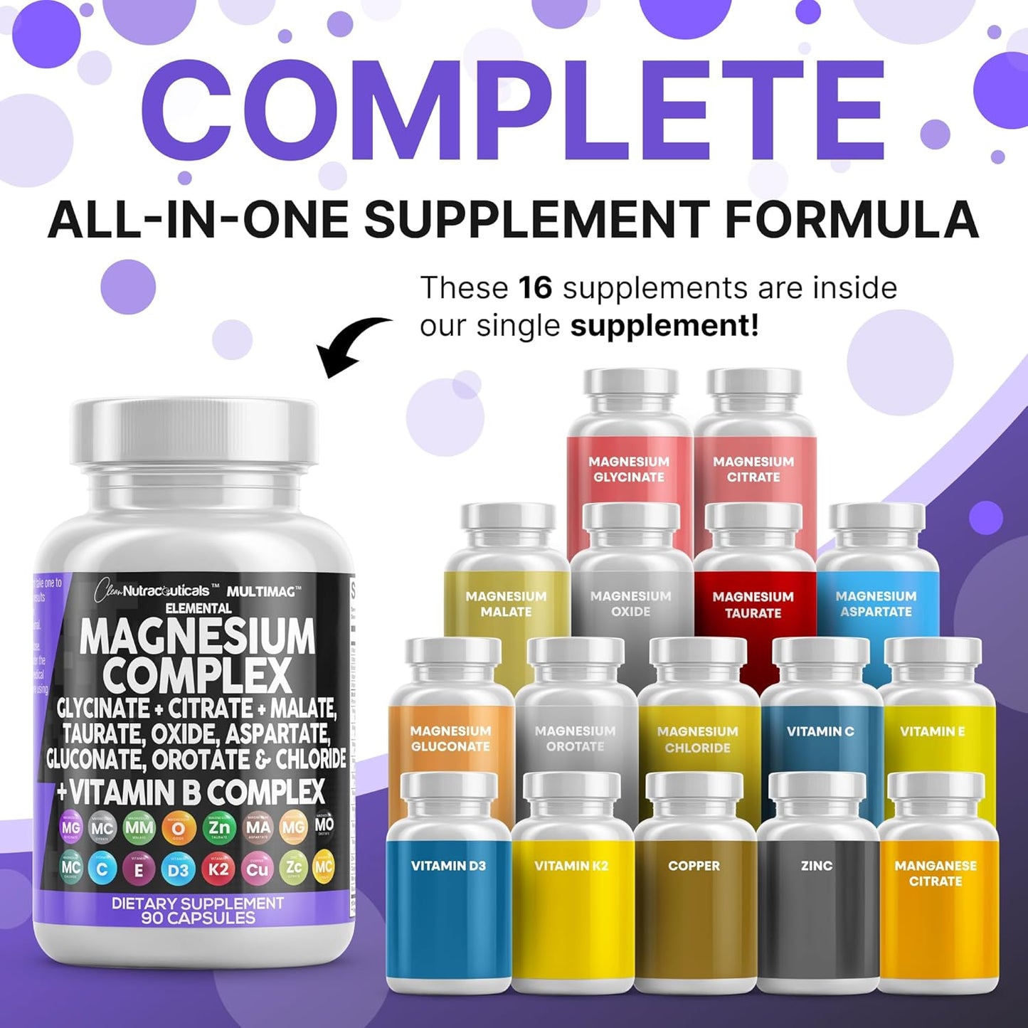 Clean Nutraceuticals Magnesium Complex with Magnesium Glycinate Citrate Malate Oxide Taurate Aspartate Orotate & Mag Chloride, Zinc Copper Manganese & Vitamin C B1 B2 B6 B12 Complex - 1Pack - Nirvana Guru