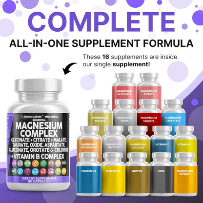 Clean Nutraceuticals Magnesium Complex with Magnesium Glycinate Citrate Malate Oxide Taurate Aspartate Orotate & Mag Chloride, Zinc Copper Manganese & Vitamin C B1 B2 B6 B12 Complex - 1Pack - Nirvana Guru