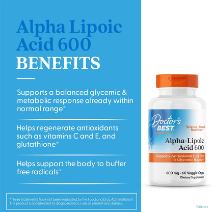 Doctor's Best Alpha-Lipoic Acid 600, Supports Antioxidant Function & Glycemic Balances,60 Veggie Caps - Nirvana Guru