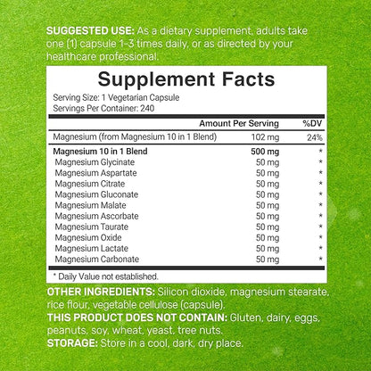 Magnesium Complex Supplement 500mg, 240 Veggie Capsules - Nirvana Guru