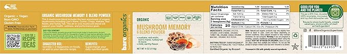 BareOrganics, Mushroom Memory Blend Powder,4 Ounces