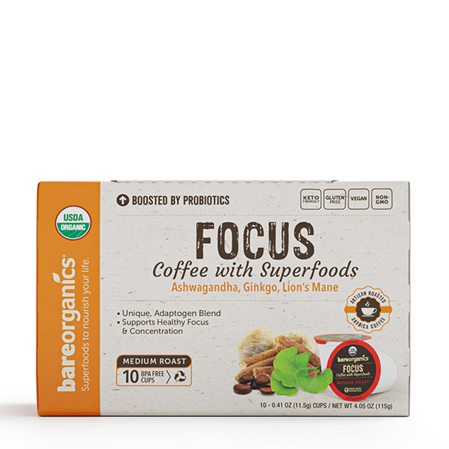 BareOrganics Focus Coffee with Superfoods, Organic Probiotic Coffee, 10 Single Serve Cups - Nirvana Guru