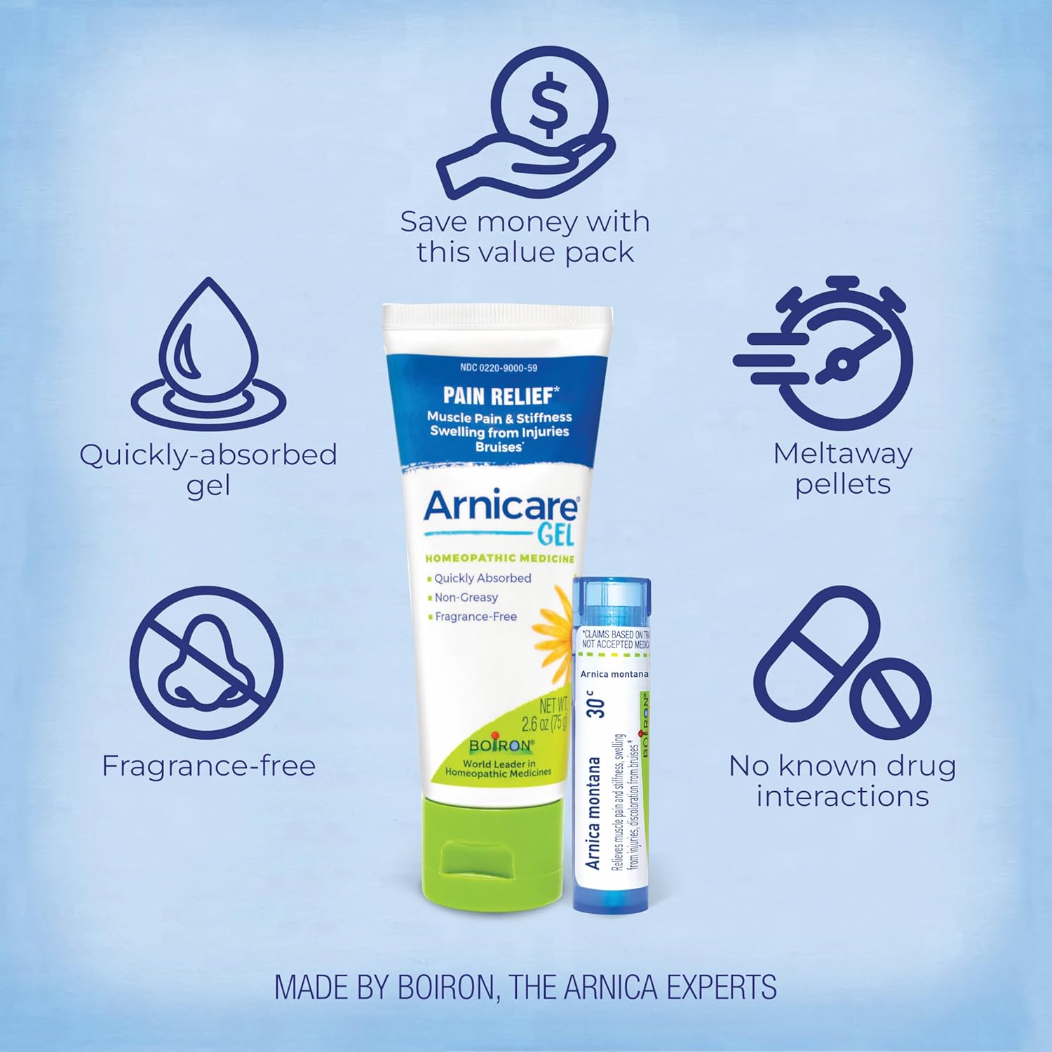 Boiron Arnicare Gel and Arnica 30c Value Pack for Pain Relief,2.6 oz + 80 Pellet Tube - Nirvana Guru