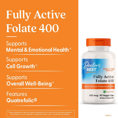 Doctor's Best Fully Active Folate with Quatrefolic400 mcg,90 Veg Caps - Nirvana Guru