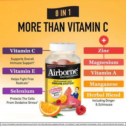 Airborne 750mg Vitamin C Gummies for Adults, Immune Support Gummies with Powerful Antioxidants VIT C & E, Caffeine Free - 2x63ct Bottle (42 Servings), Assorted Fruit Flavor - Nirvana Guru