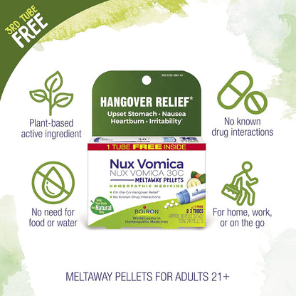 Boiron Nux Vomica 30C Homeopathic Medicine for Hangover Relief, Upset Stomach, Nausea, and Overindulgence of Food or Drink - 3 Count (240 Pellets) - Nirvana Guru