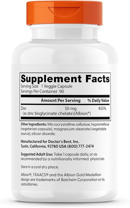 Doctor's Best High Absorption Zinc Bisglycinate 50mg High Potency Supporting Enhancing Immune System Antioxidant VC, 90 Count - Nirvana Guru