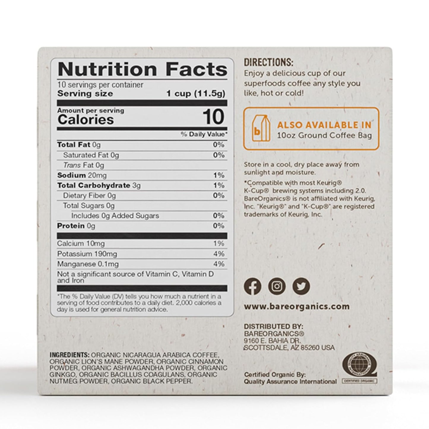 BareOrganics Focus Coffee with Superfoods, Organic Probiotic Coffee, 10 Single Serve Cups - Nirvana Guru