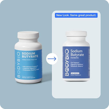 BodyBio Butyrate Supplement Butyric Acid with Sodium - 100 Capsules