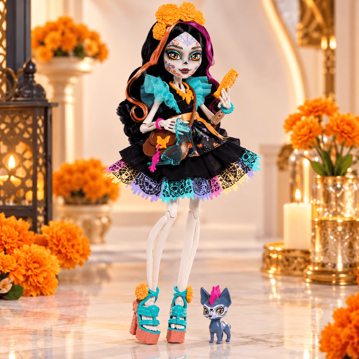 Monster High Skelita Calaveras Fashion Doll in Ruffled Dress with Pet Candelita and 7 Accessories