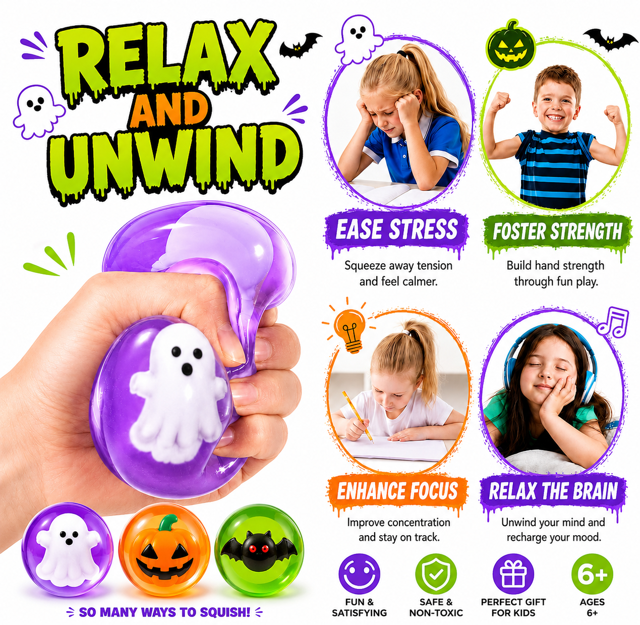 3Pcs Halloween Squishy Stress Ball Glow in The Dark Squeeze Ball Fidget Toy