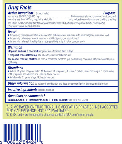 Boiron Nux Vomica 30C Homeopathic Medicine for Hangover Relief, Upset Stomach, Nausea, and Overindulgence of Food or Drink - 3 Count (240 Pellets) - Nirvana Guru