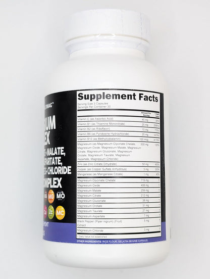 Clean Nutraceuticals Magnesium Complex with Magnesium Glycinate Citrate Malate Oxide Taurate Aspartate Orotate & Mag Chloride, Zinc Copper Manganese & Vitamin C B1 B2 B6 B12 Complex - 1Pack - Nirvana Guru