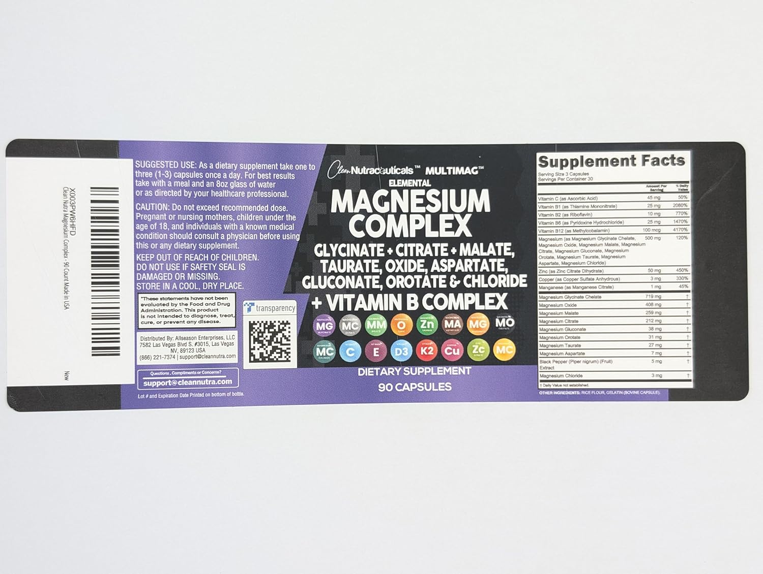Clean Nutraceuticals Magnesium Complex with Magnesium Glycinate Citrate Malate Oxide Taurate Aspartate Orotate & Mag Chloride, Zinc Copper Manganese & Vitamin C B1 B2 B6 B12 Complex - 1Pack - Nirvana Guru