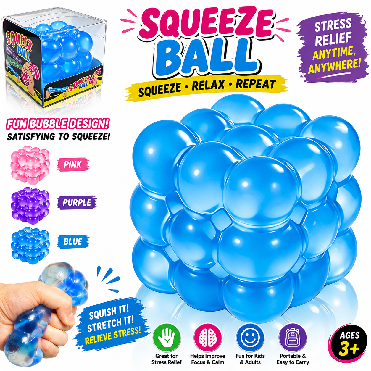 Squishy Stress Cube, High Density Stress Cube Fidget Toys, Slow Rising Sensory Stress Balls for Autism, Kids and Adults, Sugar Squishy Toys for Classroom Prizes, Cube Squishy for Party Favors (Blue)