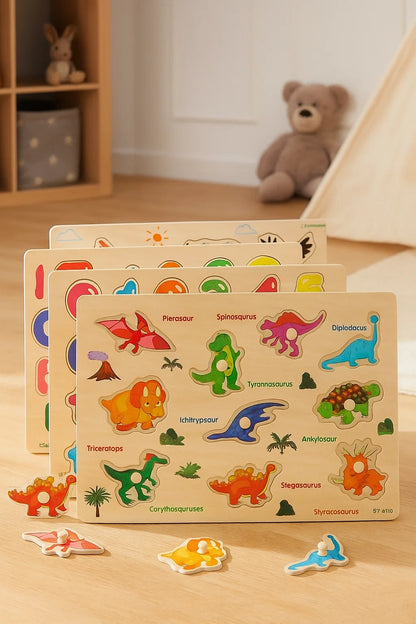 GRINNNIE Wooden Peg Puzzle for Toddlers, 6 Pack Toddler Puzzles Set for 3 4 5 Years Old (Alphabet Number Shape Animal Dinosaur Vehicle), Preschool Education Learning Puzzle Toys for Girls and Boys nirvanaguru