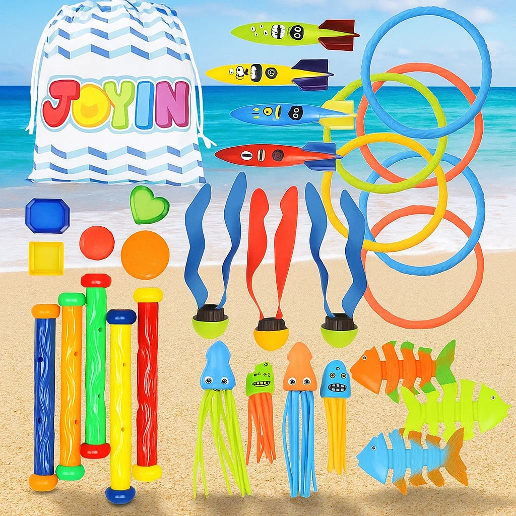 JOYIN 30 Pcs Diving Pool Toys for Kids Ages 3-12 Jumbo Set with Storage Bag Pool Games Summer Swim Water FishToys nirvanaguru