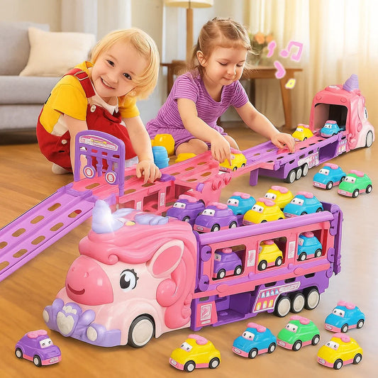 Car Toys for 3 4 5 6 7 Year Old Toddler Girl, Unicorn Toys Truck & Foldable Race Track W/Light & Sound, Friction Power Toy Cars W/ 9 Princess Cars, Birthday Gift for Kids Girls Age 4-6 nirvanaguru