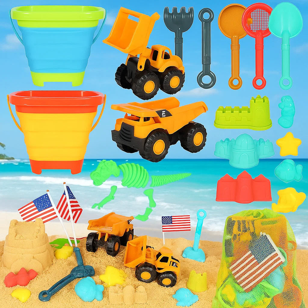 Beach Sand Toys for Kids, 29PCS Sandbox Toys with 2 Collapsible Bucket Sand, 2 Dump Truck, Dinosaur Molds, Castle Building Kit, Shovel Sieve,Flags,Mesh Bag Travel Beach Toys for Toddler 3-10 nirvanaguru