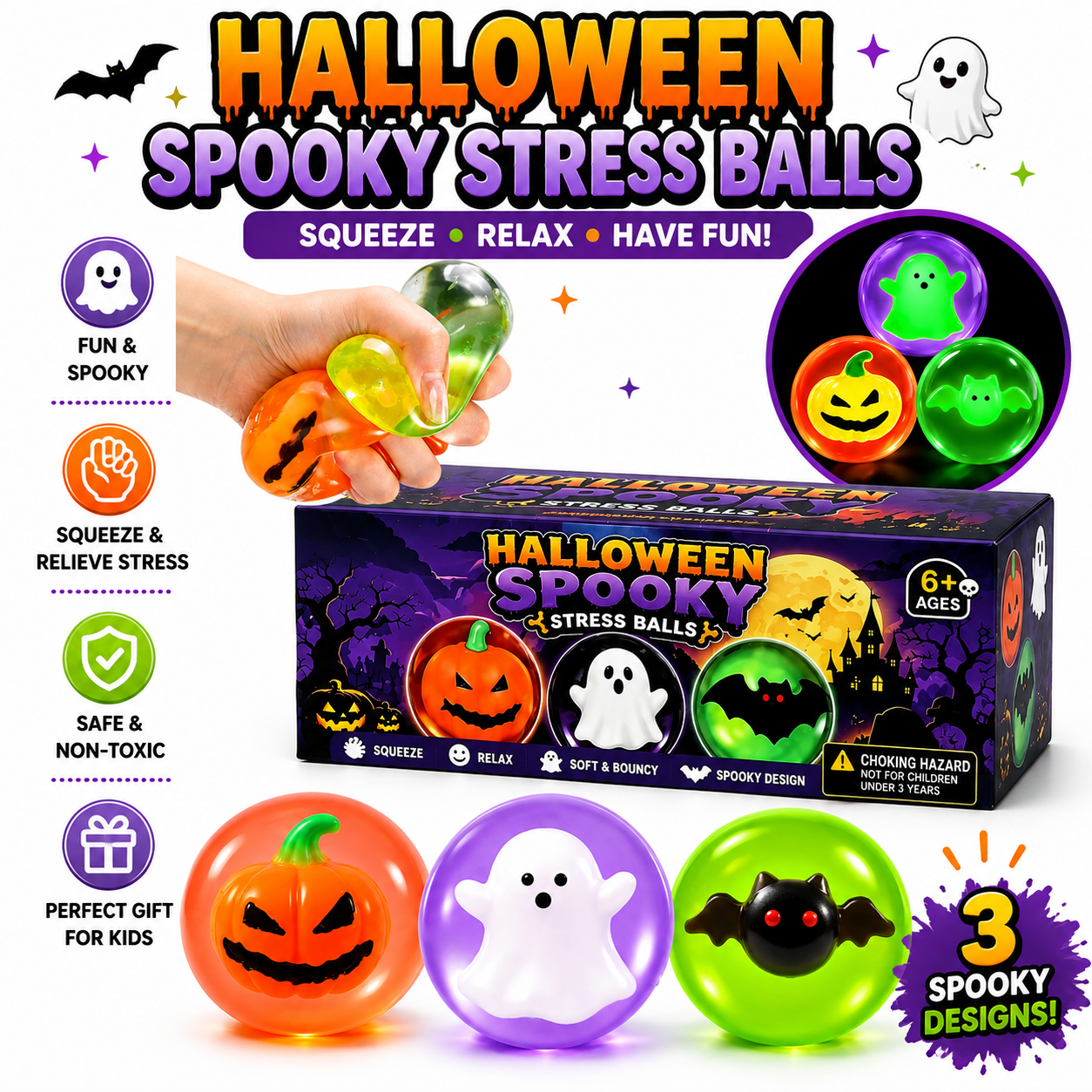 3Pcs Halloween Squishy Stress Ball Glow in The Dark Squeeze Ball Fidget Toy