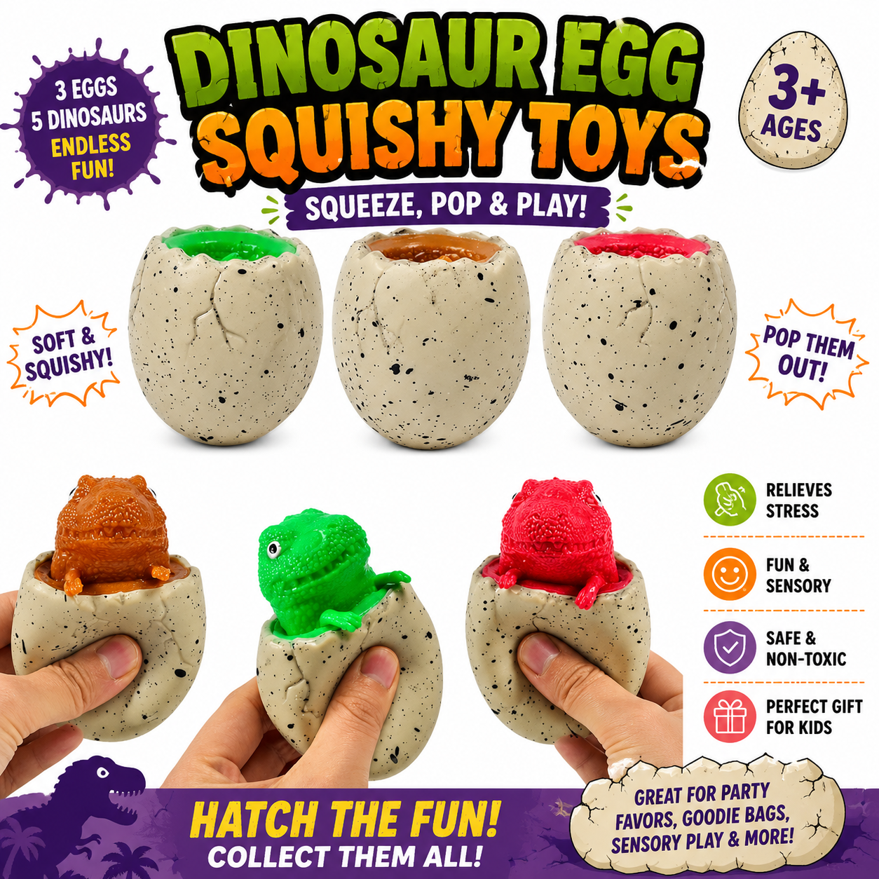 3 PCS Set Squishes Toy – Evil Dinosaur Pop Out Eggs Squeeze Toys | Sensory Fidget & Stress Relief for Kids & Adults