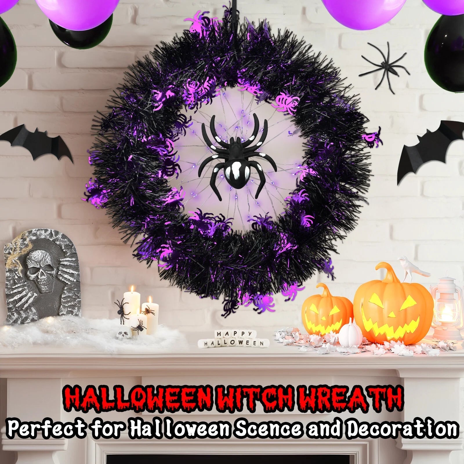Halloween Wreath Halloween Spider Decorations Wreath with Lights, Halloween Spider Garland LED Halloween Door Wreath for Halloween Party, Halloween Decorations Outdoor Indoor Wall and Window nirvanaguru