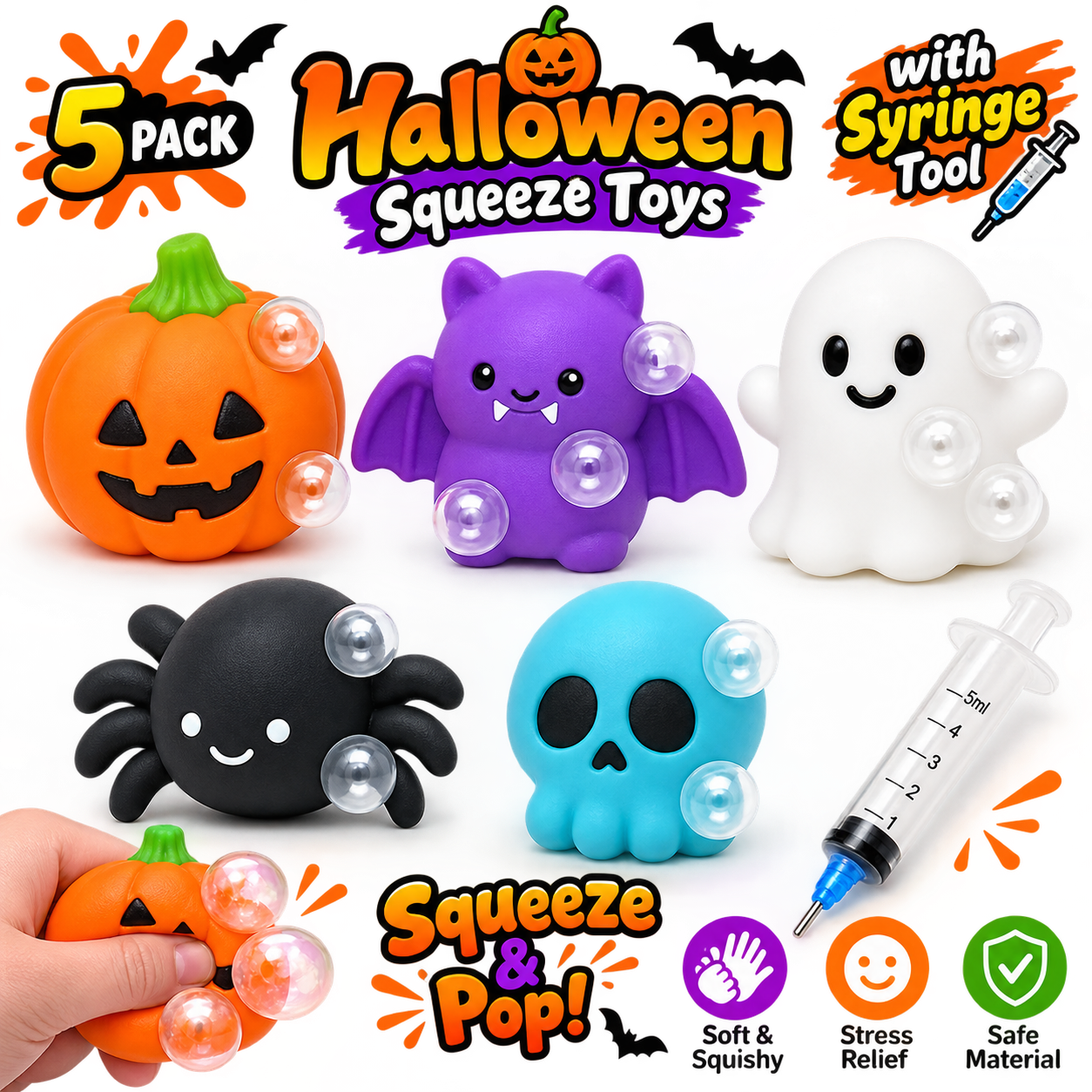 Halloween Pimple Popping Toy Set with Syringe for Squishies -5 Pack Halloween Squishy Needle Air Injection Fidget Toys - Pimple Popper Toy ASMR Sensory Stress Relief Toys - Halloween Party Favors Nirvana Guru